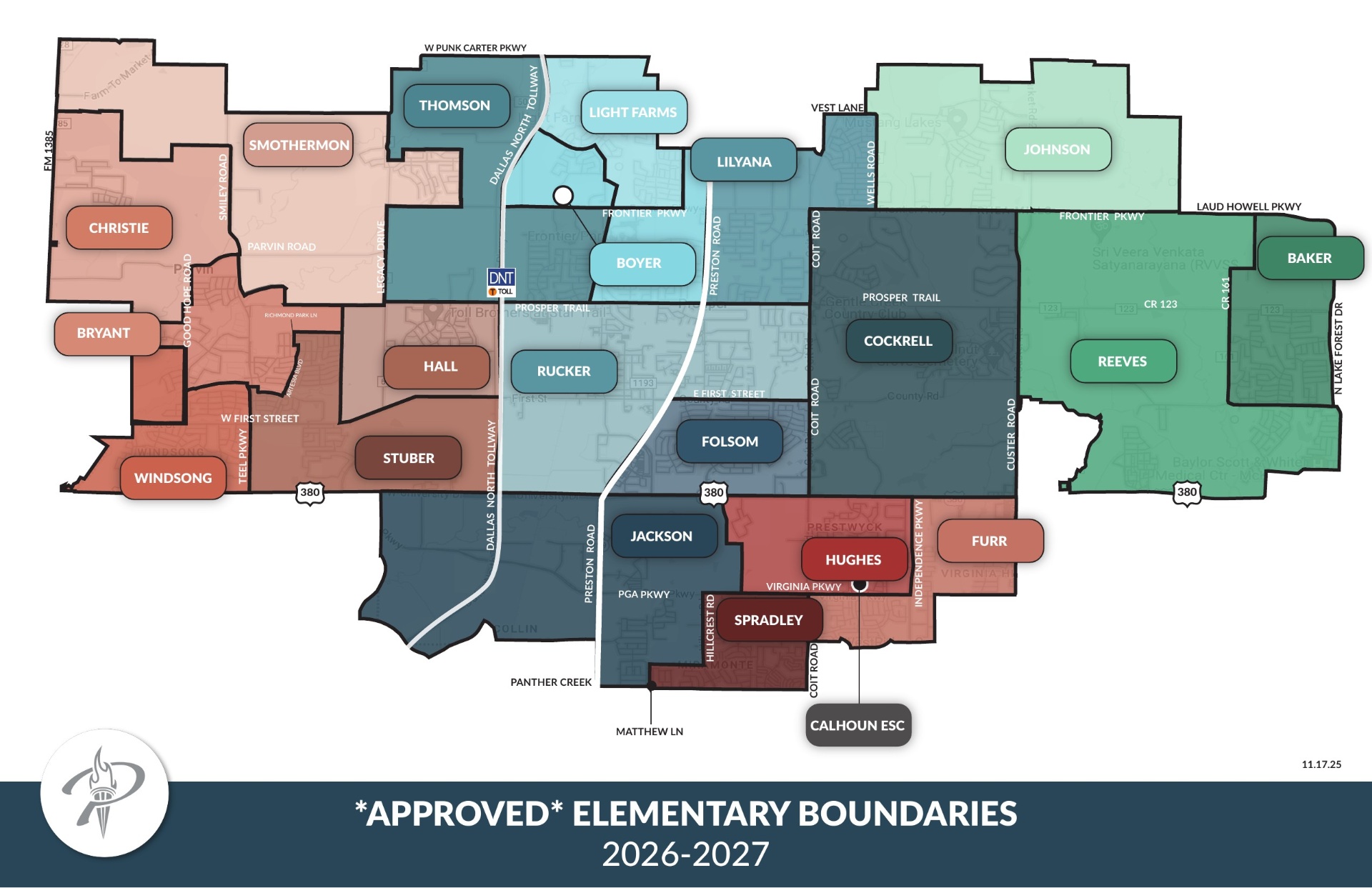 Prosper ISD 2026-2027 approved elementary school attendance boundary map showing zones for all elementary campuses across Prosper, Celina, and surrounding areas