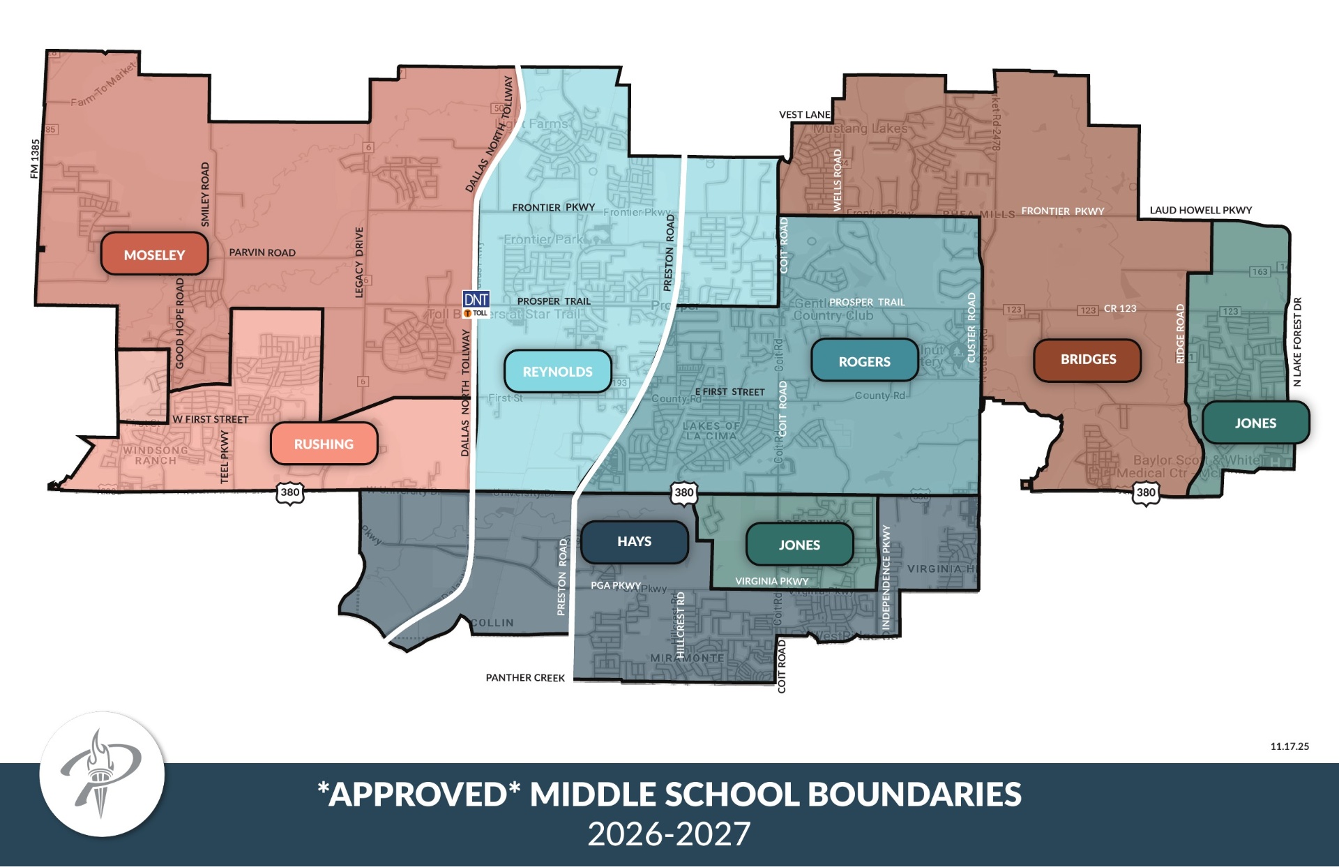 Prosper ISD 2026-2027 approved middle school boundary map showing zones for Rushing, Reynolds, Rogers, Bridges, Hays, and Jones Middle Schools